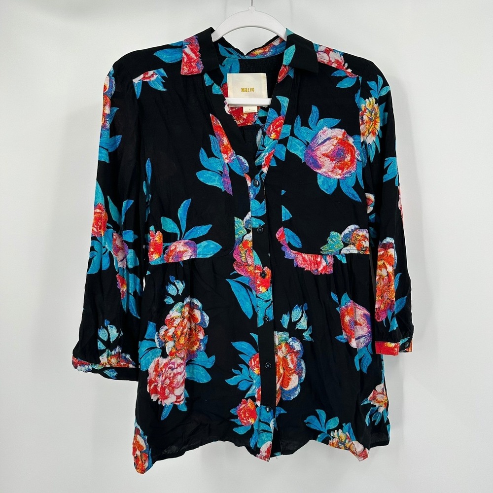 Maeve Anthropologie Dark Floral Tunic Top Size 4 Bold Statement Artsy Eclectic